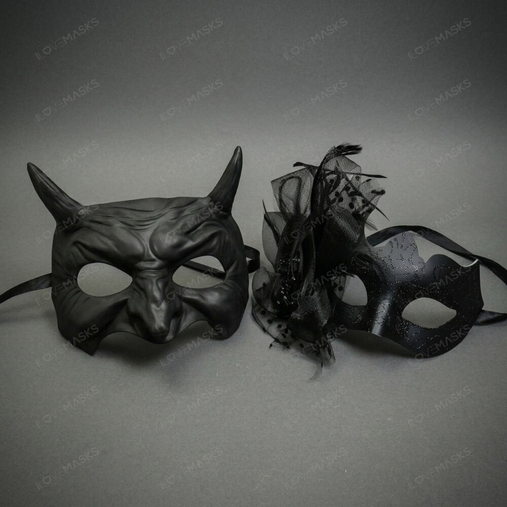 Black Horned Demon Mask & Tulle Glitter Masquerade Couple Mask Set